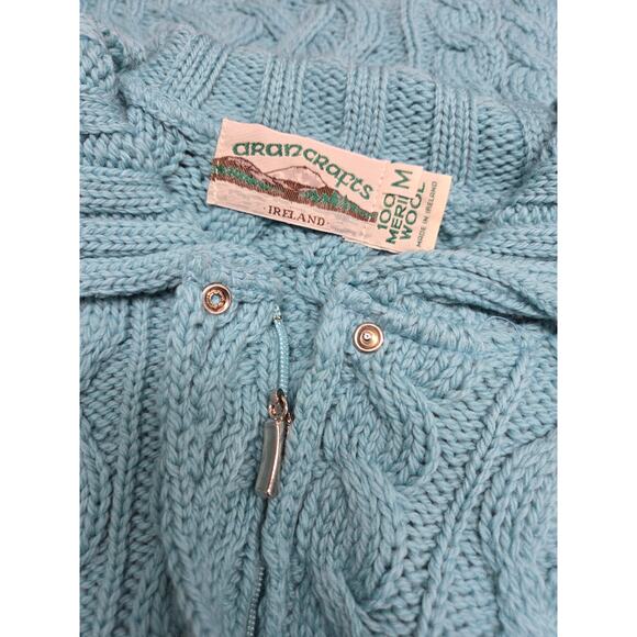 Aran Crafts Ireland Merino Wool Zip Sweater Aqua Pockets Snap Collar M NWOT - Picture 6 of 8